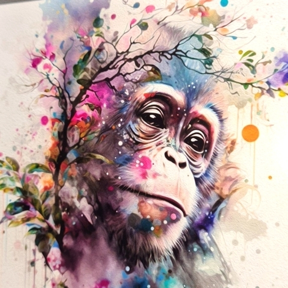 Monkey Portrait Watercolor Oil Painting Framed Print - Picture 5 of 7